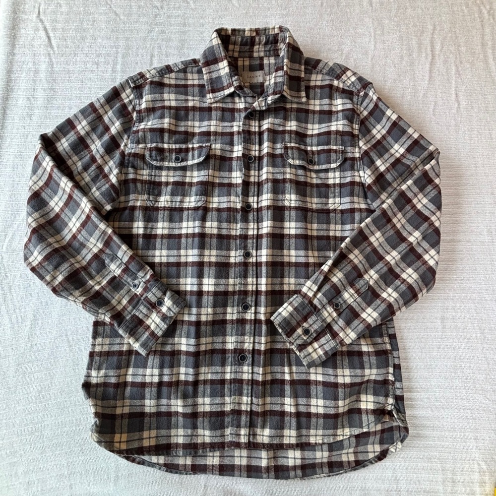 Jachs NY Mens Large Tall LT‎ Plaid Flannel Shirt Long Sleeve Brown Grey Cotton